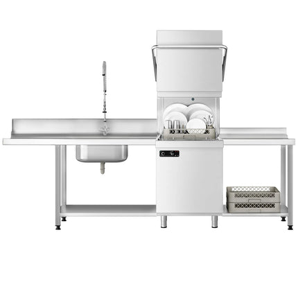 GGM Gastro Pass-through dishwasher - 6.52 kW - incl. inlet table left & outlet table right - with detergent, rinse aid & drain pump