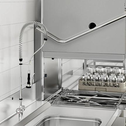 GGM Gastro Pass-through dishwasher - 6.52 kW - incl. inlet table left & outlet table right - with detergent, rinse aid & drain pump