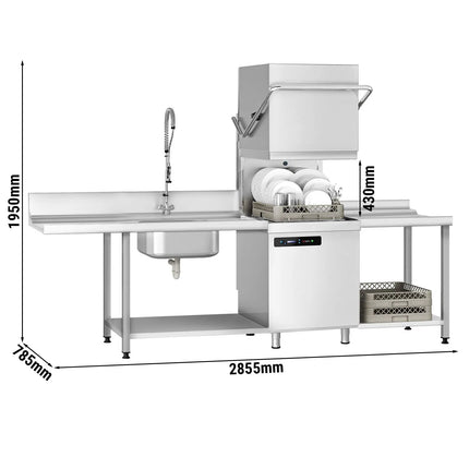 GGM Gastro Pass Through Dishwasher - Digital Controls - 7.1kW - incl. Inlet Table left, Outlet Table right - with Detergent & Rinse Aid Dosing Pumps, Drain Pump