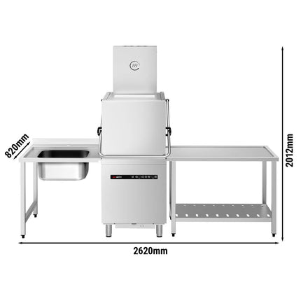 GGM Gastro Pass Through Dishwasher - Digital Controls - 8.7kW - incl. Inlet Table left, Outlet Table right - with Heat Recovery, Detergent & Rinse Aid Dosing Pumps, Drain Pump