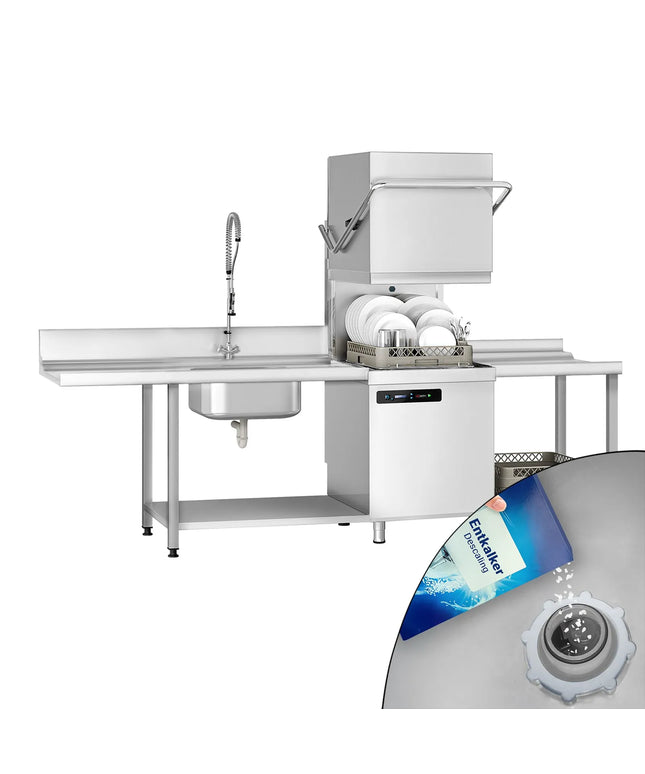 GGM Gastro Pass Through Dishwasher - Mechanical Controls - 7.1kW - incl. Inlet Table right, Outlet Table right - with Integral Water Softener - with Detergent & Rinse Aid Dosing Pumps