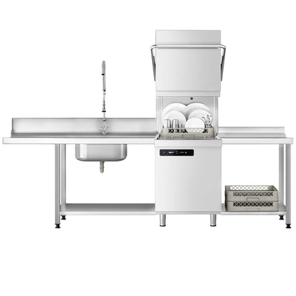 GGM Gastro Pass Through Dishwasher - Mechanical Controls - 7.1kW - incl. Inlet Table right, Outlet Table right - with Integral Water Softener - with Detergent & Rinse Aid Dosing Pumps