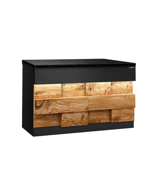 GGM Gastro Quầy Thu Ngân TORONTO - 1150mm - Mặt Trước Vân Gỗ - Mặt Đá Granite Đen - Hoàn Thiện Đen Mờ - Thân Inox