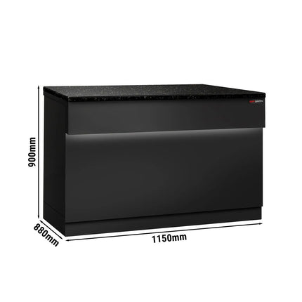 GGM Gastro Quầy Thu Ngân TORONTO - 1150mm - Mặt Trước Vân Gỗ - Mặt Đá Granite Đen - Hoàn Thiện Đen Mờ - Thân Inox