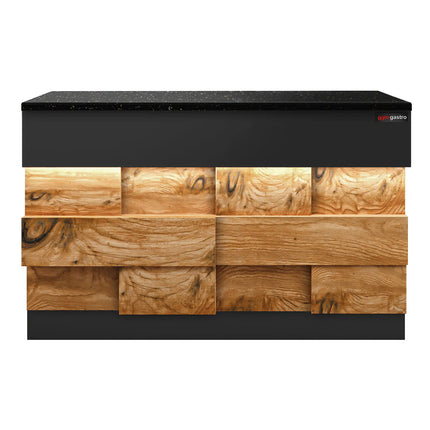 GGM Gastro Quầy Thu Ngân TORONTO - 1150mm - Mặt Trước Vân Gỗ - Mặt Đá Granite Đen - Hoàn Thiện Đen Mờ - Thân Inox