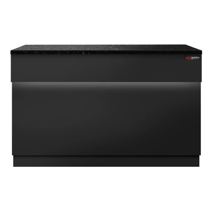 GGM Gastro Quầy Thu Ngân TORONTO - 1150mm - Mặt Trước Vân Gỗ - Mặt Đá Granite Đen - Hoàn Thiện Đen Mờ - Thân Inox