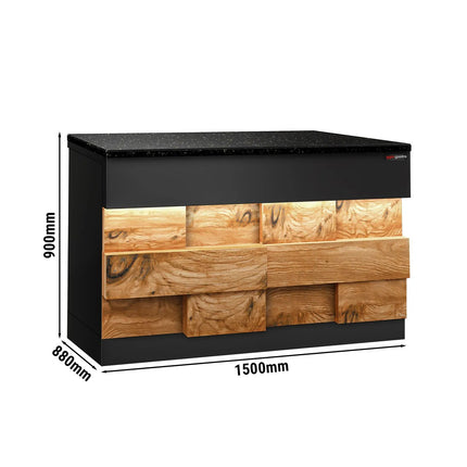 GGM Gastro Quầy Thu Ngân TORONTO - 1500mm - Mặt Trước Vân Gỗ - Mặt Đá Granite Đen - Hoàn Thiện Đen Mờ - Thân Inox