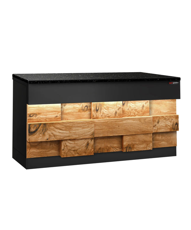 GGM Gastro Quầy Thu Ngân TORONTO - 1800mm - Mặt Trước Vân Gỗ - Mặt Đá Granite Đen - Hoàn Thiện Đen Mờ - Thân Inox