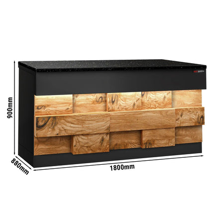 GGM Gastro Quầy Thu Ngân TORONTO - 1800mm - Mặt Trước Vân Gỗ - Mặt Đá Granite Đen - Hoàn Thiện Đen Mờ - Thân Inox