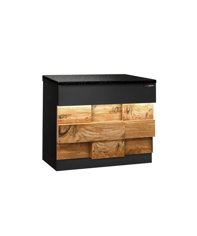 GGM Gastro Quầy Thu Ngân TORONTO - 900mm - Mặt Trước Vân Gỗ - Mặt Đá Granite Đen - Hoàn Thiện Đen Mờ - Thân Inox