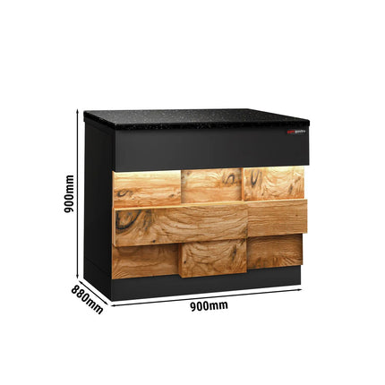 GGM Gastro Quầy Thu Ngân TORONTO - 900mm - Mặt Trước Vân Gỗ - Mặt Đá Granite Đen - Hoàn Thiện Đen Mờ - Thân Inox