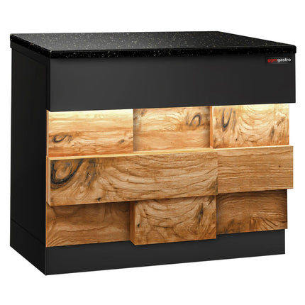 GGM Gastro Quầy Thu Ngân TORONTO - 900mm - Mặt Trước Vân Gỗ - Mặt Đá Granite Đen - Hoàn Thiện Đen Mờ - Thân Inox