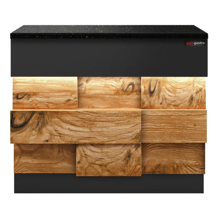 GGM Gastro Quầy Thu Ngân TORONTO - 900mm - Mặt Trước Vân Gỗ - Mặt Đá Granite Đen - Hoàn Thiện Đen Mờ - Thân Inox