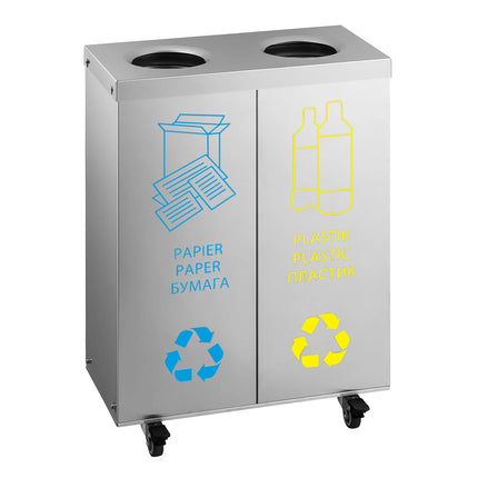 GGM Gastro Recycling station - 2-Stream - 2 compartments of 25L each - 50L - 720(H)x500(W)x250(D)mm - with wheels (4, 2 lockable), inner buckets, colour-coded labels - Stainless steel