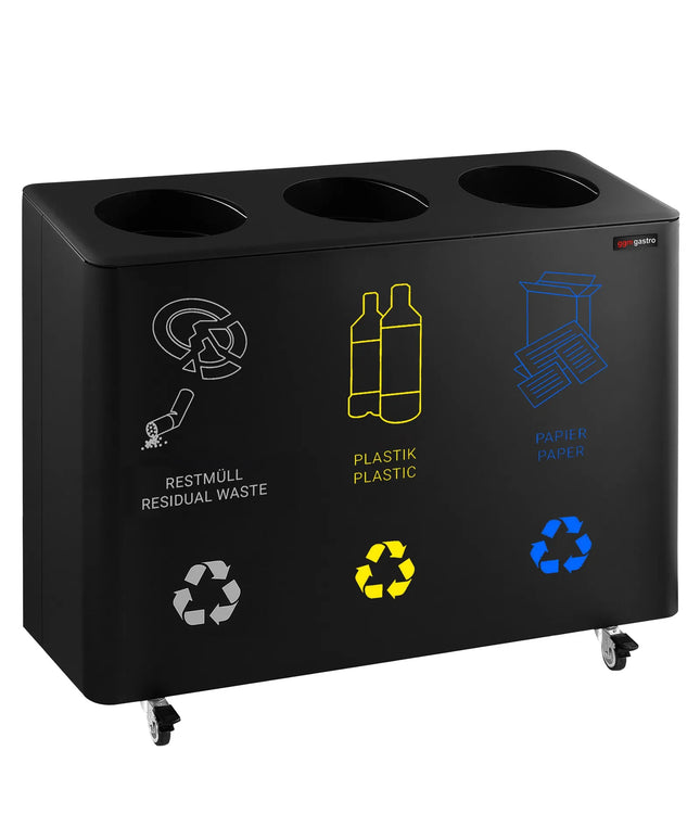 GGM Gastro Recycling station - 3-Stream - 3 compartments of 25L each - 75L - 640(H)x960(W)x360(D)mm - with wheels (2 with brakes), removable inner bins, labels for Paper/Plastic/General waste & Bio - Black - steel body with polypropylene inner bins