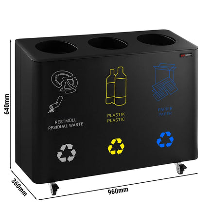 GGM Gastro Recycling station - 3-Stream - 3 compartments of 25L each - 75L - 640(H)x960(W)x360(D)mm - with wheels (2 with brakes), removable inner bins, labels for Paper/Plastic/General waste & Bio - Black - steel body with polypropylene inner bins