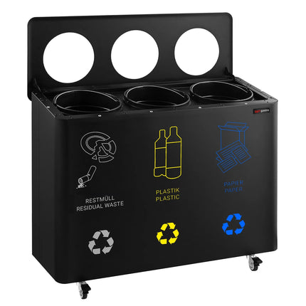 GGM Gastro Recycling station - 3-Stream - 3 compartments of 25L each - 75L - 640(H)x960(W)x360(D)mm - with wheels (2 with brakes), removable inner bins, labels for Paper/Plastic/General waste & Bio - Black - steel body with polypropylene inner bins