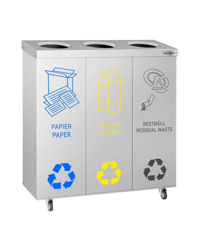 GGM Gastro Recycling station - 3-Stream - 3 compartments of 25L each - 75L - 725(H)x755(W)x255(D)mm - with wheels - 2 lockable castors, removable inner bins, labels for paper/plastic/general waste & bio - Stainless steel