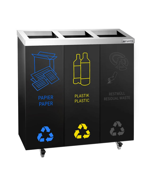GGM Gastro Recycling station - 3-Stream - 3 compartments of 25L each - 75L - 725(H)x755(W)x255(D)mm - with wheels (2 with brakes), removable inner bins, labels included - Black/Silver - steel (powder-coated)