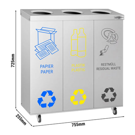 GGM Gastro Recycling station - 3-Stream - 3 compartments of 25L each - 75L - 725(H)x755(W)x255(D)mm - with wheels - 2 lockable castors, removable inner bins, labels for paper/plastic/general waste & bio - Stainless steel