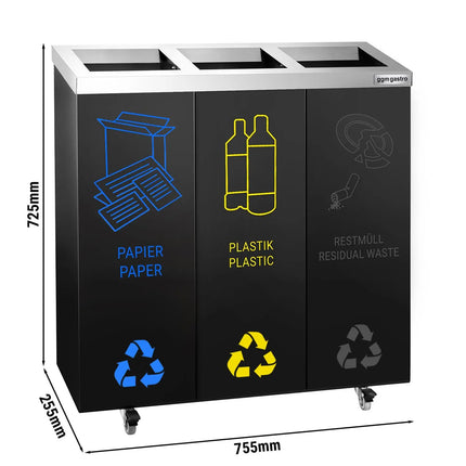 GGM Gastro Recycling station - 3-Stream - 3 compartments of 25L each - 75L - 725(H)x755(W)x255(D)mm - with wheels (2 with brakes), removable inner bins, labels included - Black/Silver - steel (powder-coated)