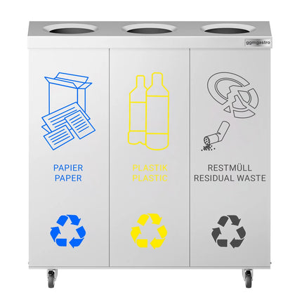 GGM Gastro Recycling station - 3-Stream - 3 compartments of 25L each - 75L - 725(H)x755(W)x255(D)mm - with wheels - 2 lockable castors, removable inner bins, labels for paper/plastic/general waste & bio - Stainless steel