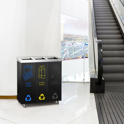 GGM Gastro Recycling station - 3-Stream - 3 compartments of 25L each - 75L - 725(H)x755(W)x255(D)mm - with wheels (2 with brakes), removable inner bins, labels included - Black/Silver - steel (powder-coated)