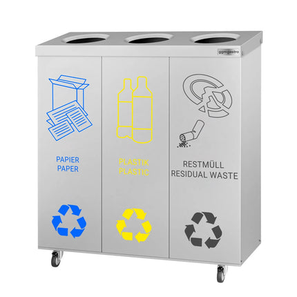 GGM Gastro Recycling station - 3-Stream - 3 compartments of 25L each - 75L - 725(H)x755(W)x255(D)mm - with wheels - 2 lockable castors, removable inner bins, labels for paper/plastic/general waste & bio - Stainless steel