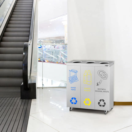 GGM Gastro Recycling station - 3-Stream - 3 compartments of 25L each - 75L - 725(H)x755(W)x255(D)mm - with wheels - 2 lockable castors, removable inner bins, labels for paper/plastic/general waste & bio - Stainless steel