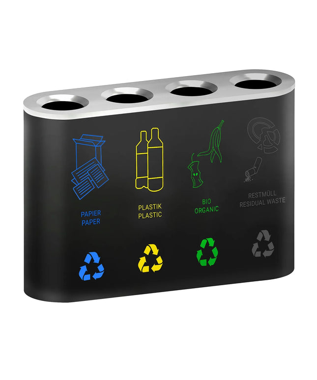 GGM Gastro Recycling station - 4-Stream - 4 compartments of 35L each - 140L - 1080(W)x300(D)x800(H)mm - with removable inner bins & labels for Paper, Plastic, General waste & Bio - Black - steel (powder-coated)