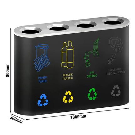 GGM Gastro Recycling station - 4-Stream - 4 compartments of 35L each - 140L - 1080(W)x300(D)x800(H)mm - with removable inner bins & labels for Paper, Plastic, General waste & Bio - Black - steel (powder-coated)