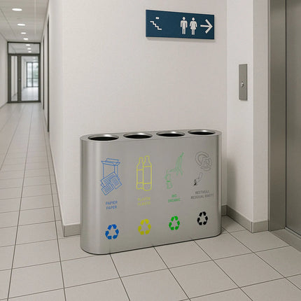 GGM Gastro Recycling station - 4-Stream - 4 compartments of 35L each - 140L - 800(H)x1080(W)x300(D)mm - Stainless steel