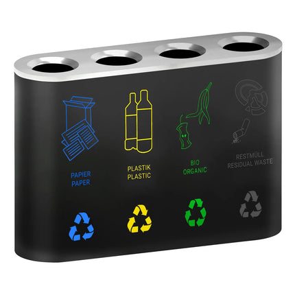GGM Gastro Recycling station - 4-Stream - 4 compartments of 35L each - 140L - 1080(W)x300(D)x800(H)mm - with removable inner bins & labels for Paper, Plastic, General waste & Bio - Black - steel (powder-coated)
