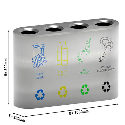 GGM Gastro Recycling station - 4-Stream - 4 compartments of 35L each - 140L - 800(H)x1080(W)x300(D)mm - Stainless steel
