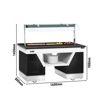 GGM Gastro Refrigerated Buffet Display Counter BELFAST - 1600mm -with Refrigerated Frost Top + Flat Glass Sneeze Guard - on Castors - Brown