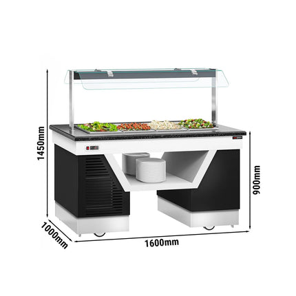 GGM Gastro Refrigerated Buffet Display Counter BELFAST - 1600mm - with Refrigerated Well + Flat Glass Sneeze Guard - on Castors - for 4x GN 1/1 - Black