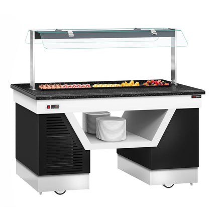 GGM Gastro Refrigerated Buffet Display Counter BELFAST - 1600mm -with Refrigerated Frost Top + Flat Glass Sneeze Guard - on Castors - Brown