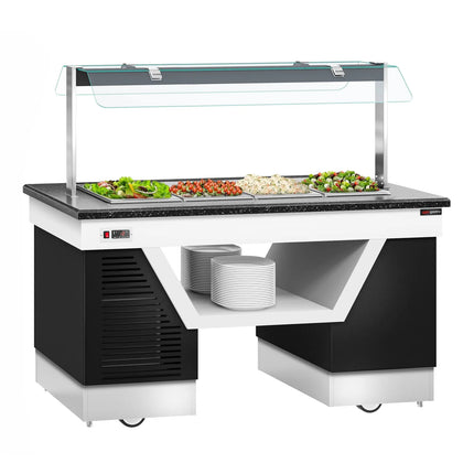 GGM Gastro Refrigerated Buffet Display Counter BELFAST - 1600mm - with Refrigerated Well + Flat Glass Sneeze Guard - on Castors - for 4x GN 1/1 - Black