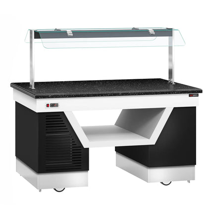 GGM Gastro Refrigerated Buffet Display Counter BELFAST - 1600mm -with Refrigerated Frost Top + Flat Glass Sneeze Guard - on Castors - Brown