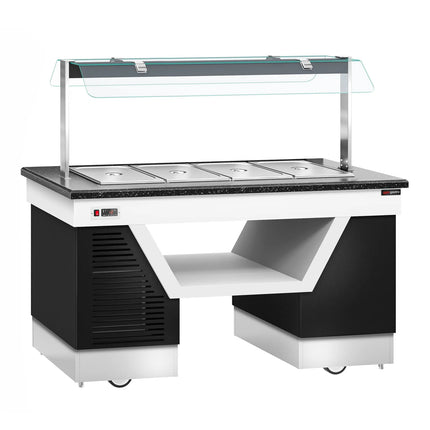 GGM Gastro Refrigerated Buffet Display Counter BELFAST - 1600mm - with Refrigerated Well + Flat Glass Sneeze Guard - on Castors - for 4x GN 1/1 - Black