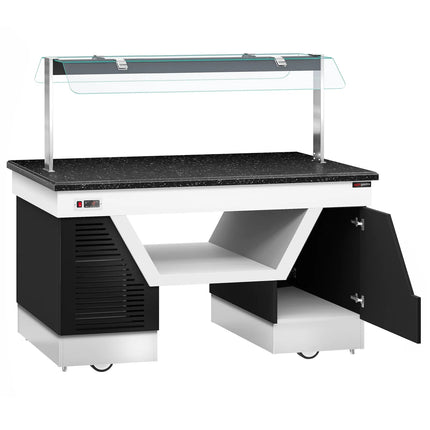GGM Gastro Refrigerated Buffet Display Counter BELFAST - 1600mm -with Refrigerated Frost Top + Flat Glass Sneeze Guard - on Castors - Brown