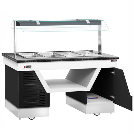 GGM Gastro Refrigerated Buffet Display Counter BELFAST - 1600mm - with Refrigerated Well + Flat Glass Sneeze Guard - on Castors - for 4x GN 1/1 - Black