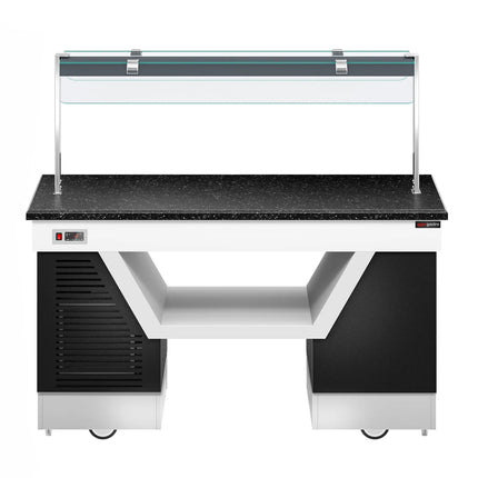GGM Gastro Refrigerated Buffet Display Counter BELFAST - 1600mm -with Refrigerated Frost Top + Flat Glass Sneeze Guard - on Castors - Brown