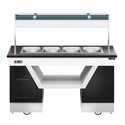GGM Gastro Refrigerated Buffet Display Counter BELFAST - 1600mm - with Refrigerated Well + Flat Glass Sneeze Guard - on Castors - for 4x GN 1/1 - Black
