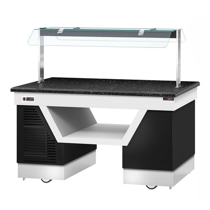 GGM Gastro Refrigerated Buffet Display Counter BELFAST - 1600mm -with Refrigerated Frost Top + Flat Glass Sneeze Guard - on Castors - Brown