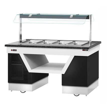 GGM Gastro Refrigerated Buffet Display Counter BELFAST - 1600mm - with Refrigerated Well + Flat Glass Sneeze Guard - on Castors - for 4x GN 1/1 - Black