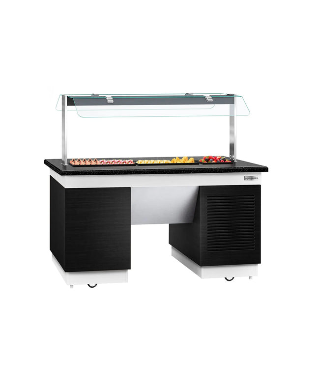 GGM Gastro Refrigerated Buffet Display Counter DUBLIN - 1600mm -  with Refrigerated Frost Top + Flat Glass Sneeze Guard - on Castors - Black