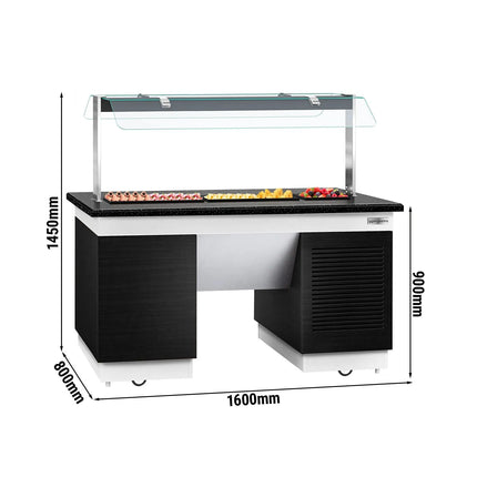 GGM Gastro Refrigerated Buffet Display Counter DUBLIN - 1600mm -  with Refrigerated Frost Top + Flat Glass Sneeze Guard - on Castors - Black