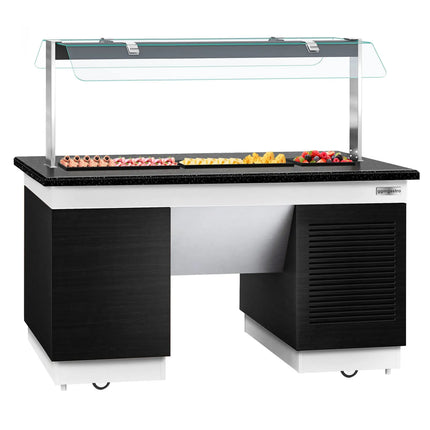 GGM Gastro Refrigerated Buffet Display Counter DUBLIN - 1600mm -  with Refrigerated Frost Top + Flat Glass Sneeze Guard - on Castors - Black