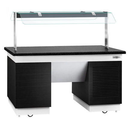 GGM Gastro Refrigerated Buffet Display Counter DUBLIN - 1600mm -  with Refrigerated Frost Top + Flat Glass Sneeze Guard - on Castors - Black